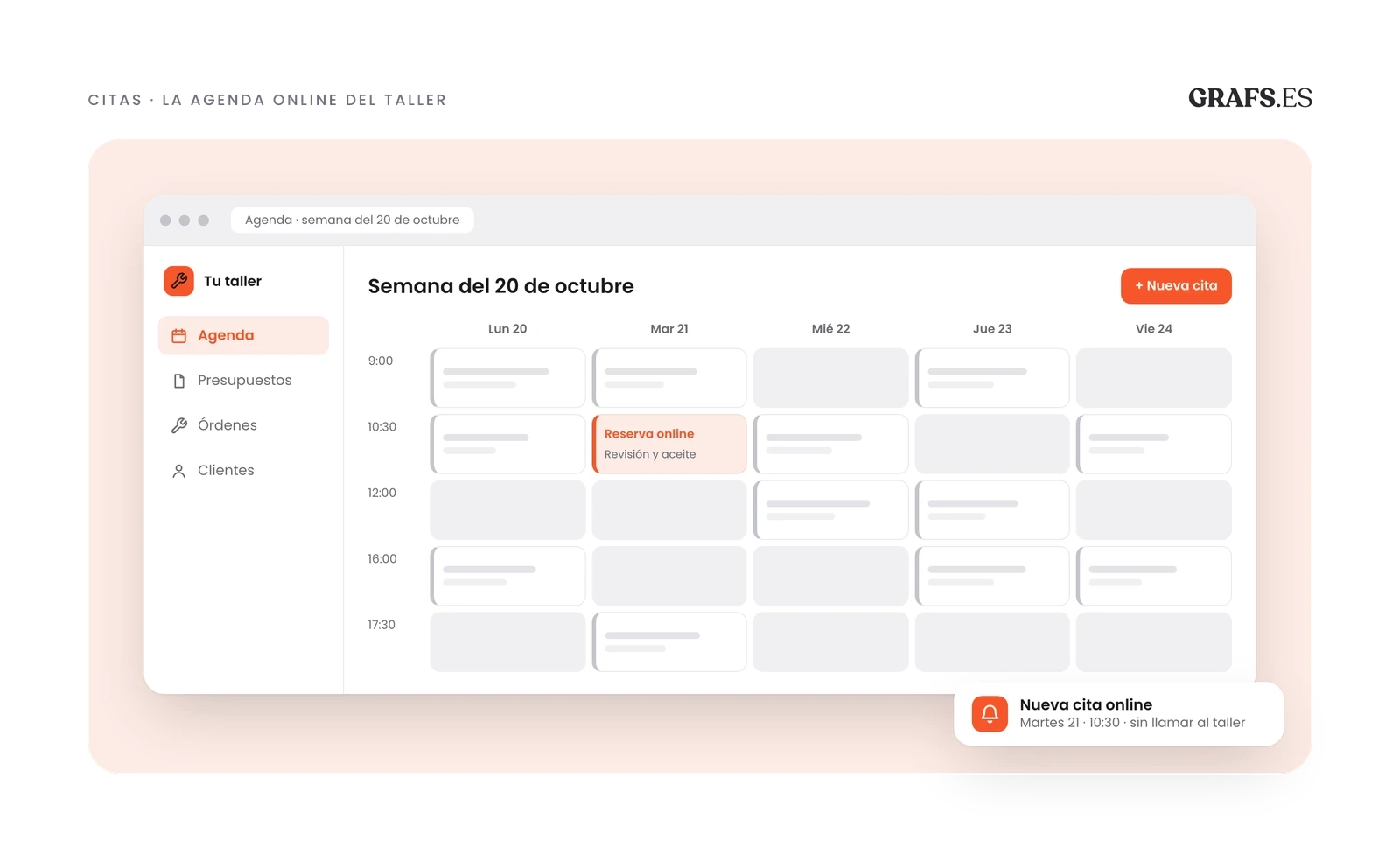 Agenda semanal de un taller en el programa de escritorio: las citas de la semana en gris y una reserva online nueva el martes a las 10:30 para una revisión, marcada en naranja, con el aviso de que ha entrado sin llamar.