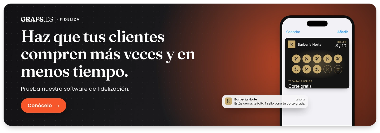 Banner de Fideliza con la frase «Haz que tus clientes compren más veces y en menos tiempo»: la tarjeta de sellos de una barbería en el iPhone y el aviso «Estás cerca: te falta 1 sello para tu corte gratis», enlazado a fideliza.grafs.es.
