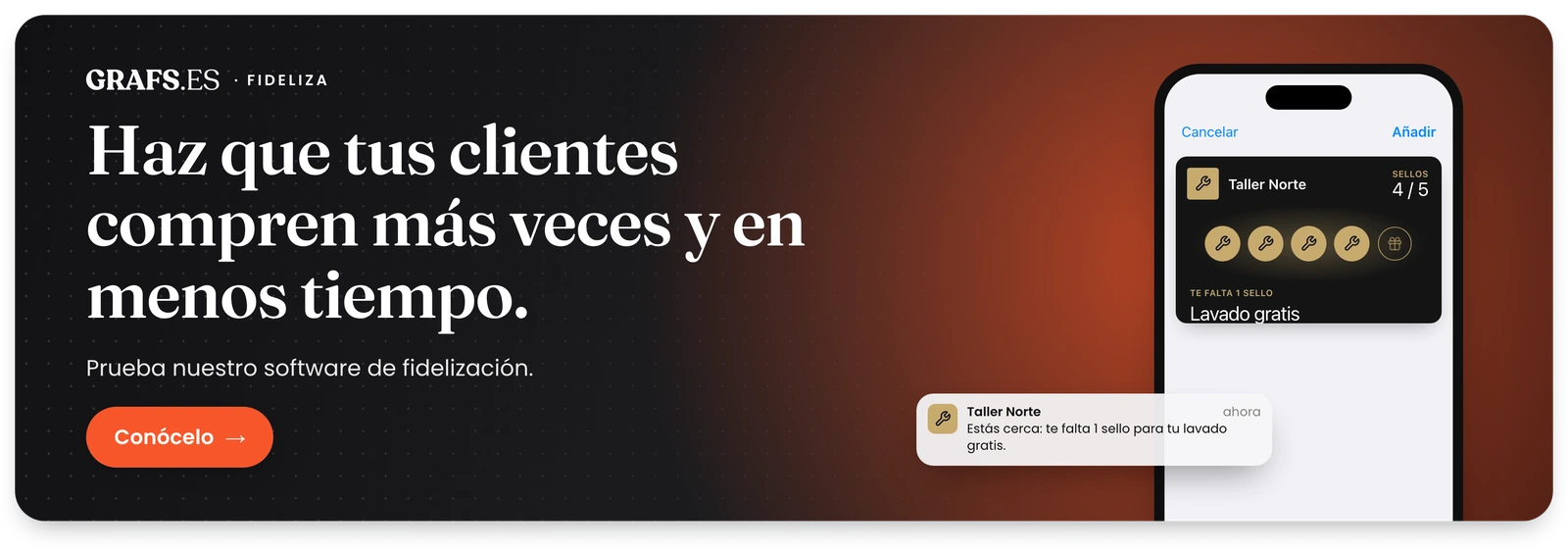 Banner de Fideliza con la frase «Haz que tus clientes compren más veces y en menos tiempo»: la tarjeta de sellos de un taller en el iPhone y el aviso «Estás cerca: te falta 1 sello para tu lavado gratis», enlazado a fideliza.grafs.es.